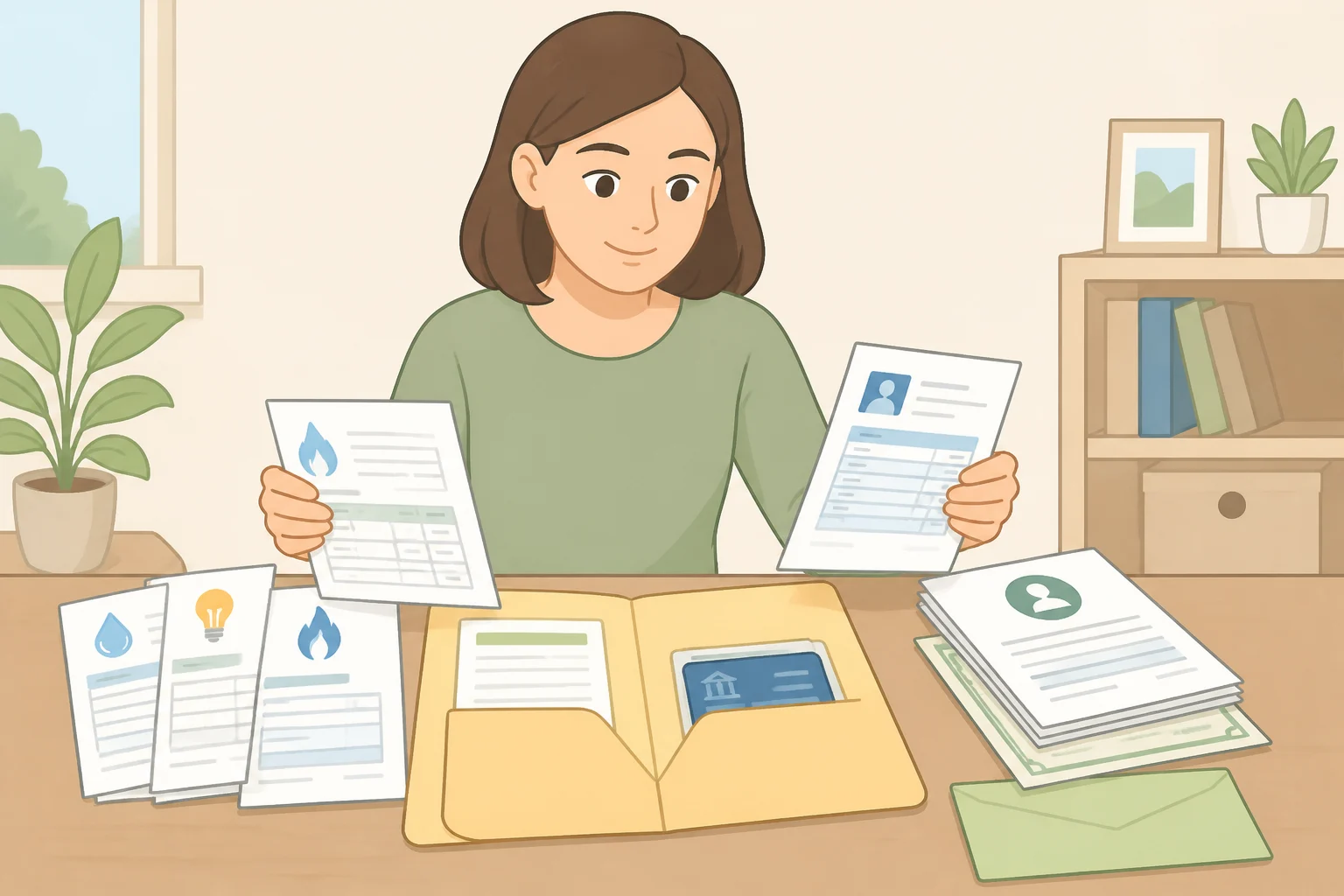 Illustration of a homeowner assembling 12 months of utility bills, utility account number paperwork, and income tier documents before requesting a free home energy audit from utility company