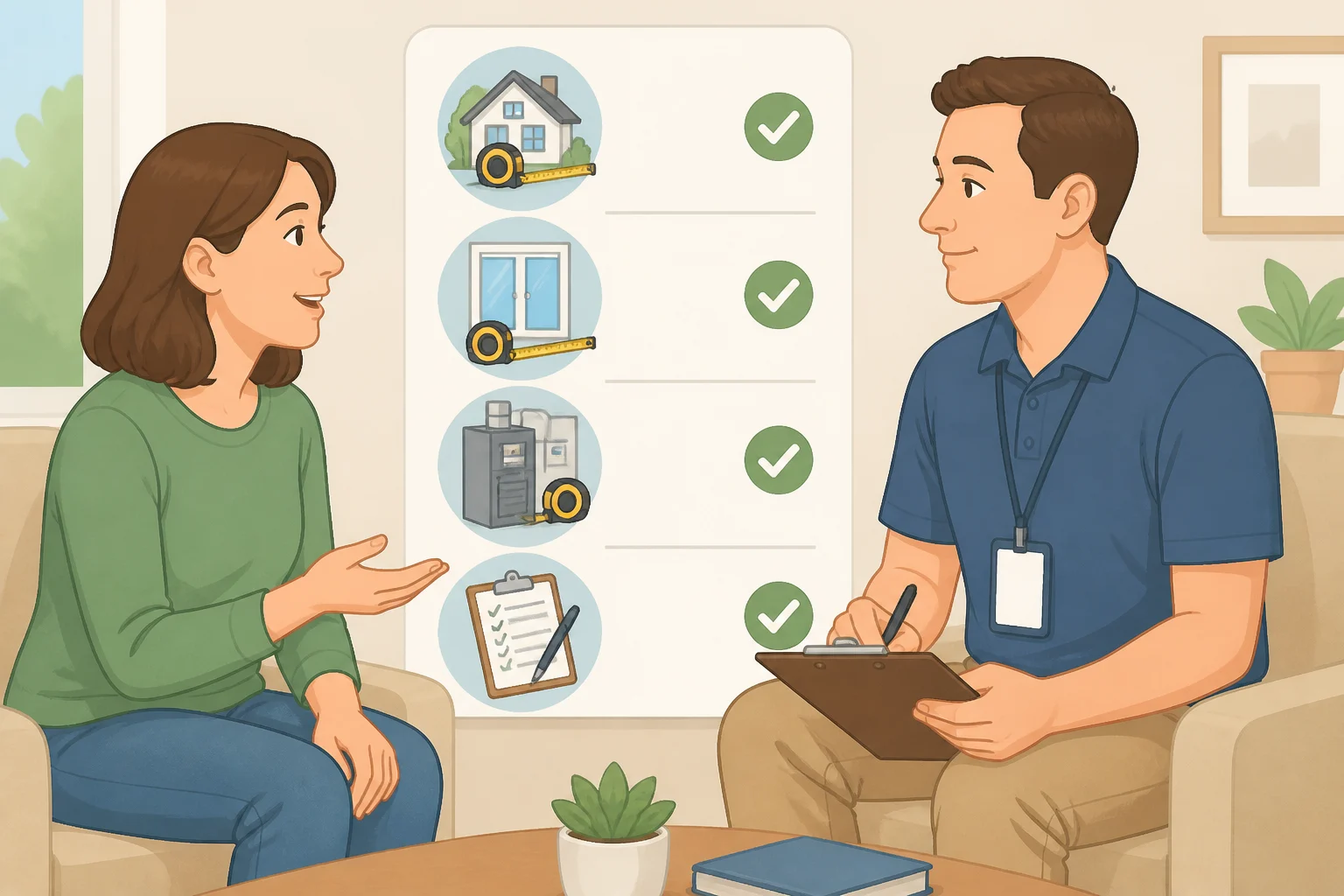 Illustration of a checklist conversation between a homeowner and an energy assessor covering audit scope, timing of the written report, and whether recommendations are neutral or include contractor quotes