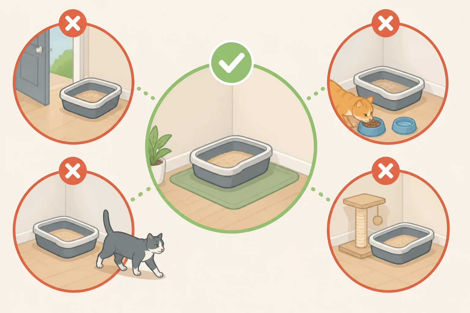 Illustration of a litter tray placed in a discreet, low-traffic corner away from food bowls, windows, and doorways