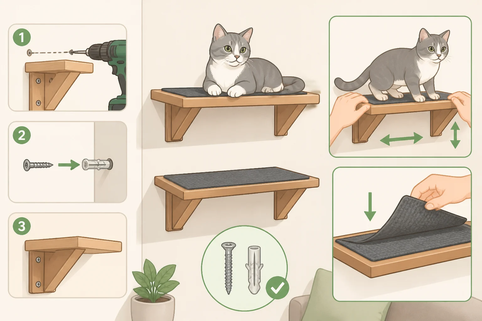 Illustration of a cat-friendly home decor shelf installation with wall anchors, a non-slip mat on the landing surface, and a cat assessing the perch