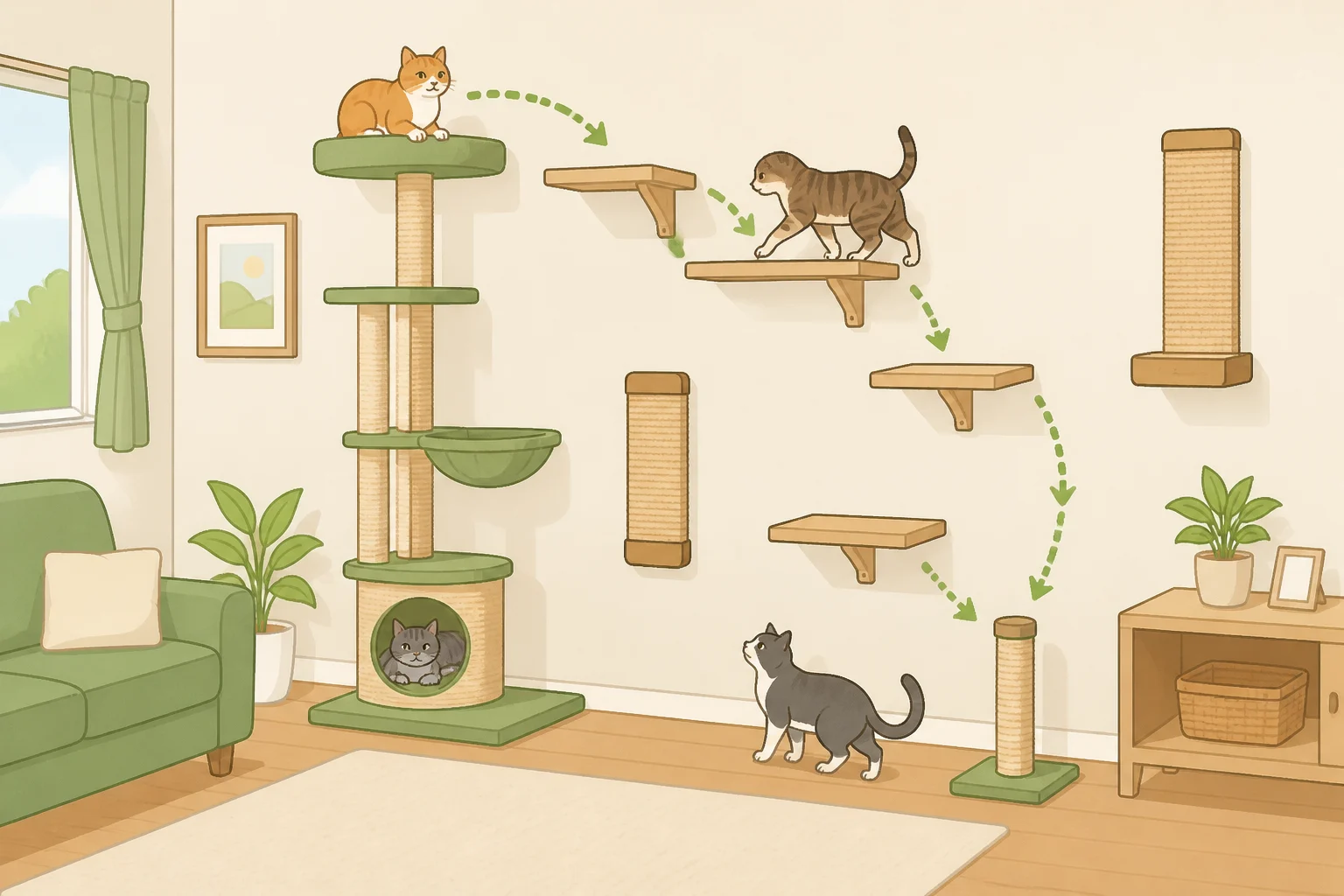 Diagram of a living room showing vertical cat access with a wall-mounted shelf, an intermediate step, and a sisal scratcher placed near where the cat spends time
