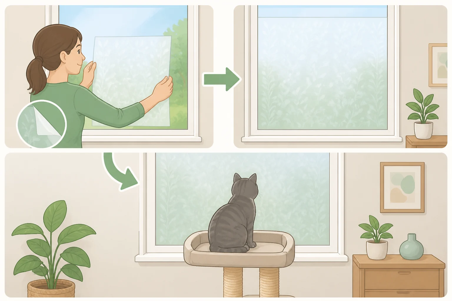 Illustration showing cat-proof window decor with decorative static film on the lower glass and a perch nearby to create cat-friendly home decor ideas for glass and perches