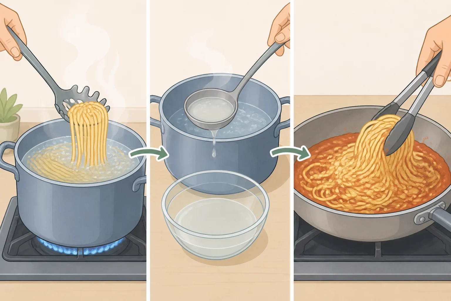 A cook draining slightly undercooked spaghetti and tossing it in a simmering tomato skillet with reserved starchy cooking water so the sauce clings to each strand