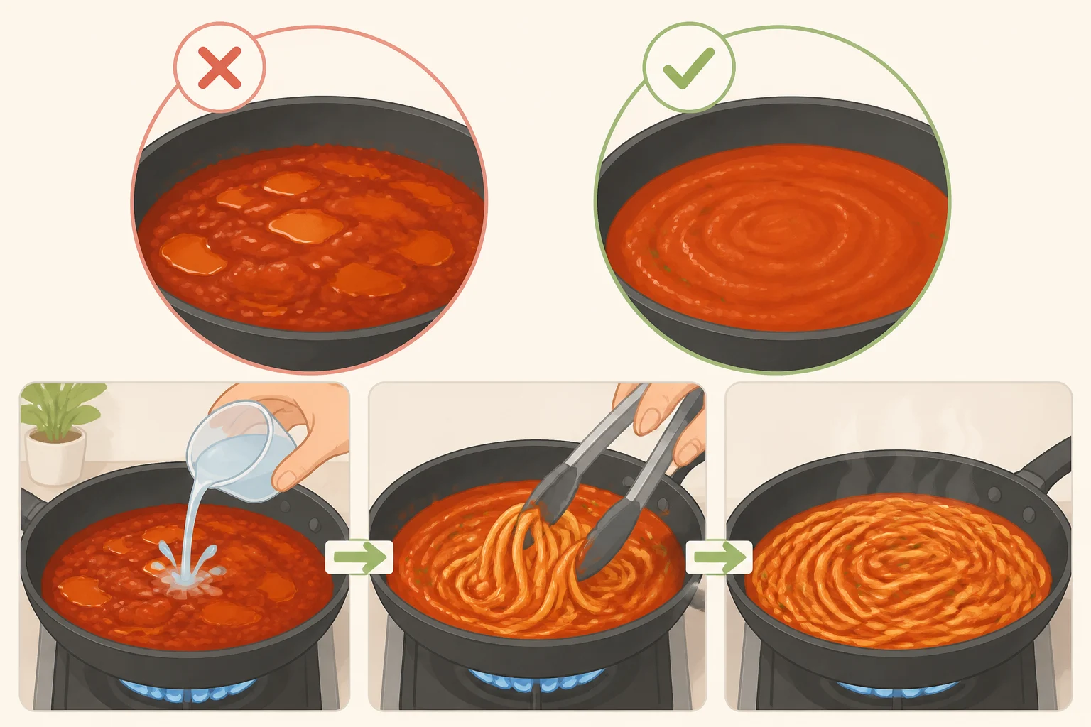 Two saucepan views showing one sauce pooling or separating and another glossy sauce coating pasta after adding reserved starchy water and tossing until it emulsifies
