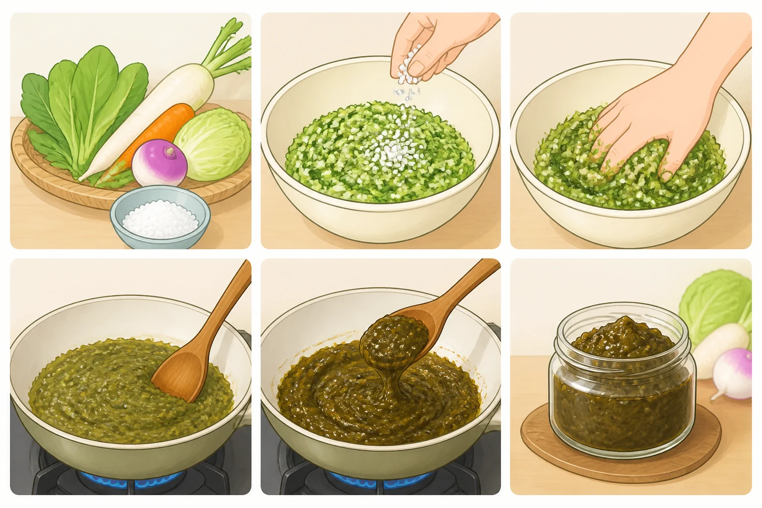 A wide pan of thick, glossy vegetable-salt paste being stirred over very low heat, representing Maria's homemade stock concentrate preparation
