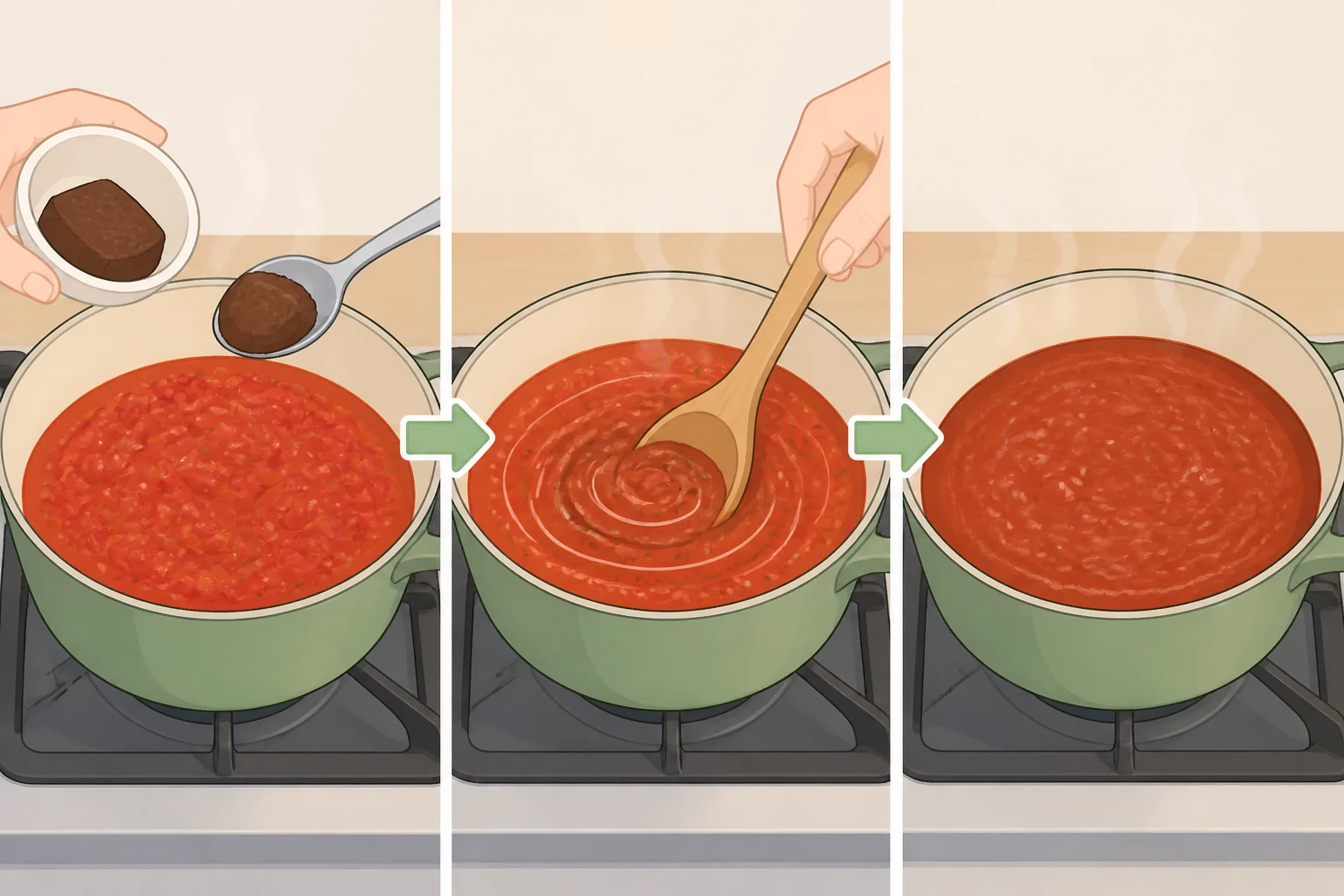 A spoon adding a small pinch of bouillon paste to a pot of tomato sauce, illustrating the Pasta Granny trick for better spaghetti saucesmall tasted additions that make the sauce thick and glossy
