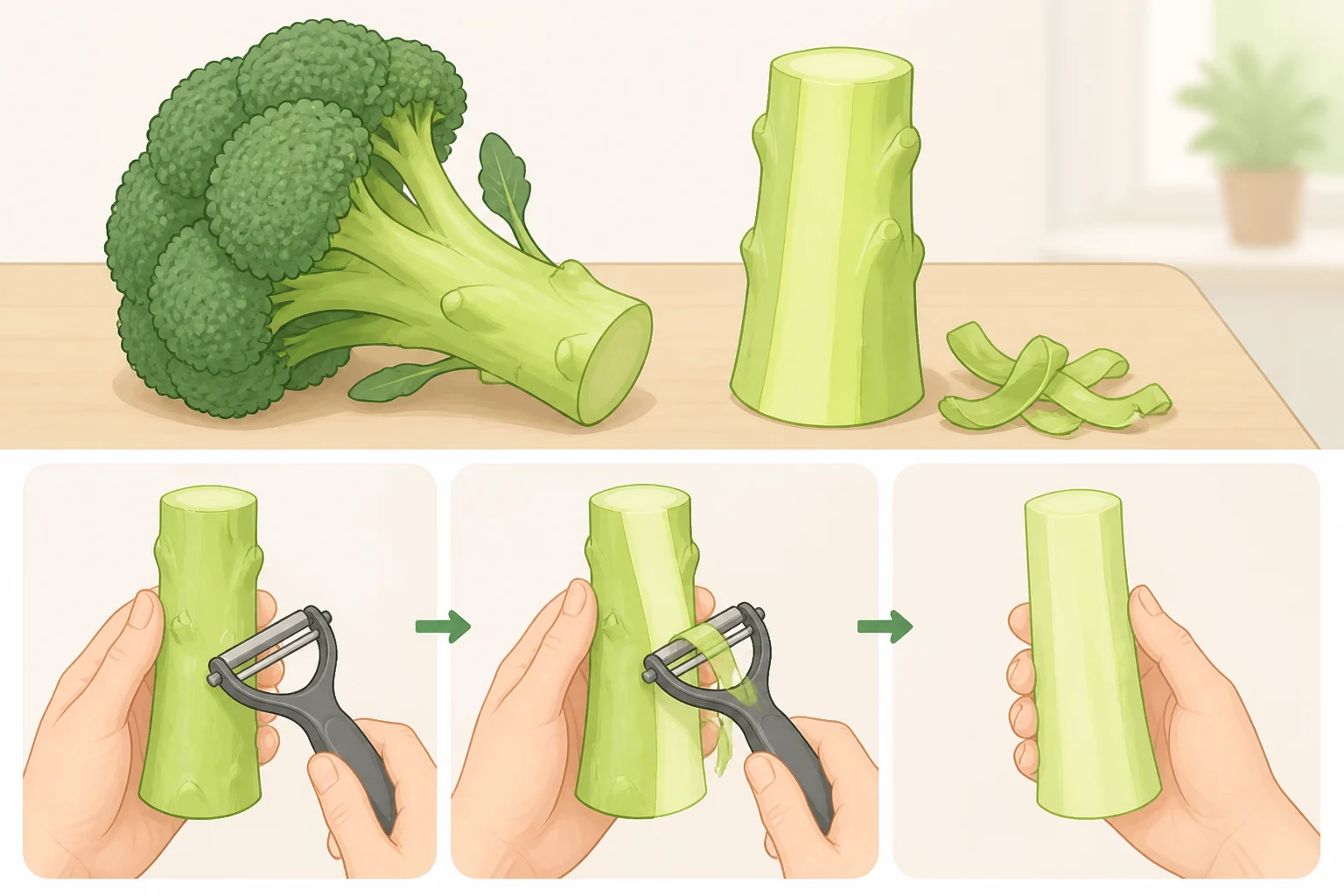 Close-up showing a vegetable peeler working around a broccoli stem to remove the fibrous outer layer, leaving pale green peeled stem ready for grating or slicing