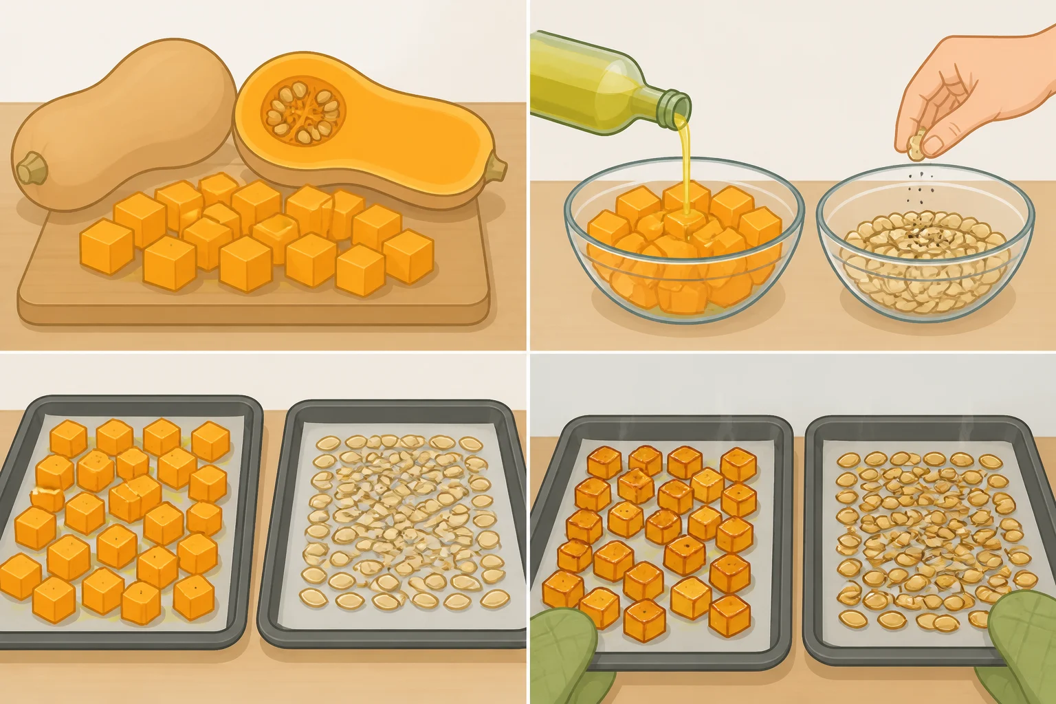 A step-by-step image of cubed butternut squash with skin on roasting in a single layer on one tray, with rinsed seeds spread separately on another tray