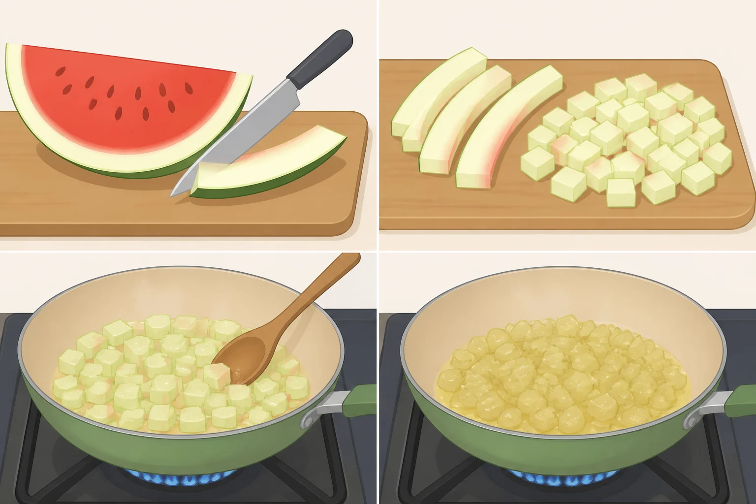 An image of the watermelon rind separated into white pieces after removing the tough green exterior, then sautéed in a pan until translucent and tender