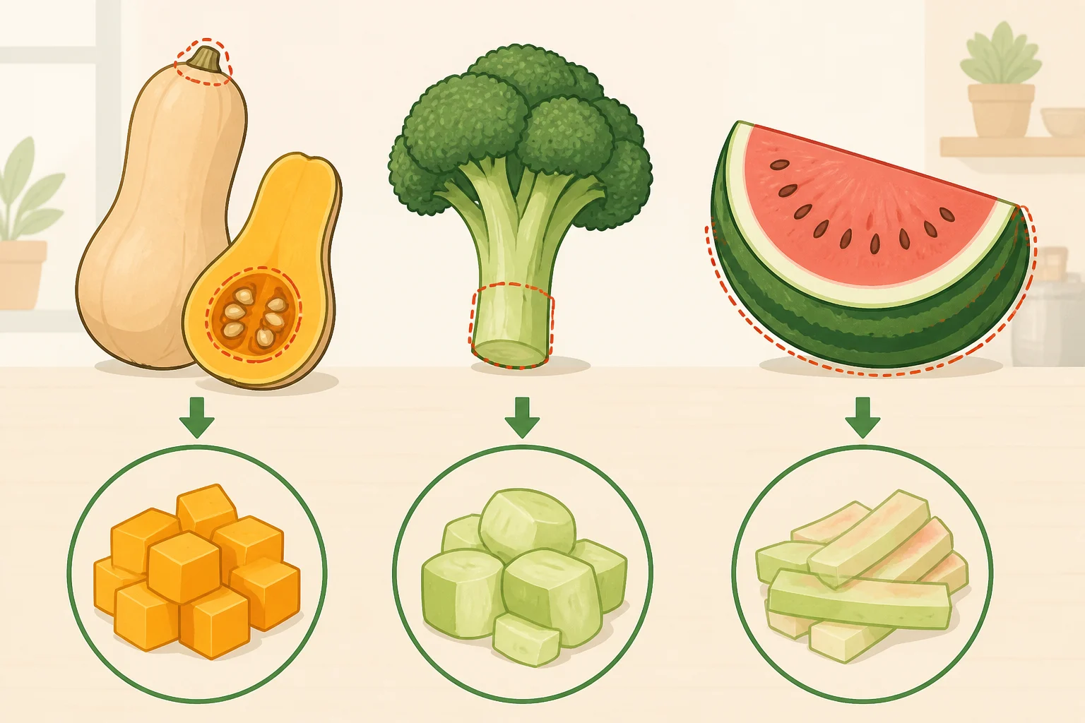 A labeled photo highlighting the edible parts for how to eat more fibre with fruit and vegetable peels: butternut squash skin and seeds, peeled broccoli inner stem, and the white watermelon rind between the green exterior and red flesh