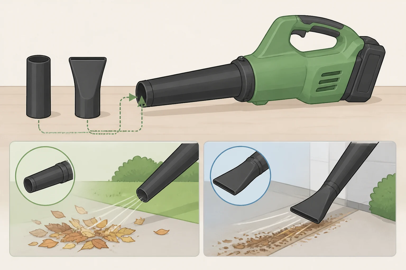 Photo-style illustration comparing a leaf blower tapered round tube and a wide flat nozzle attachment used for the how to make a leaf blower toilet paper cannon setup