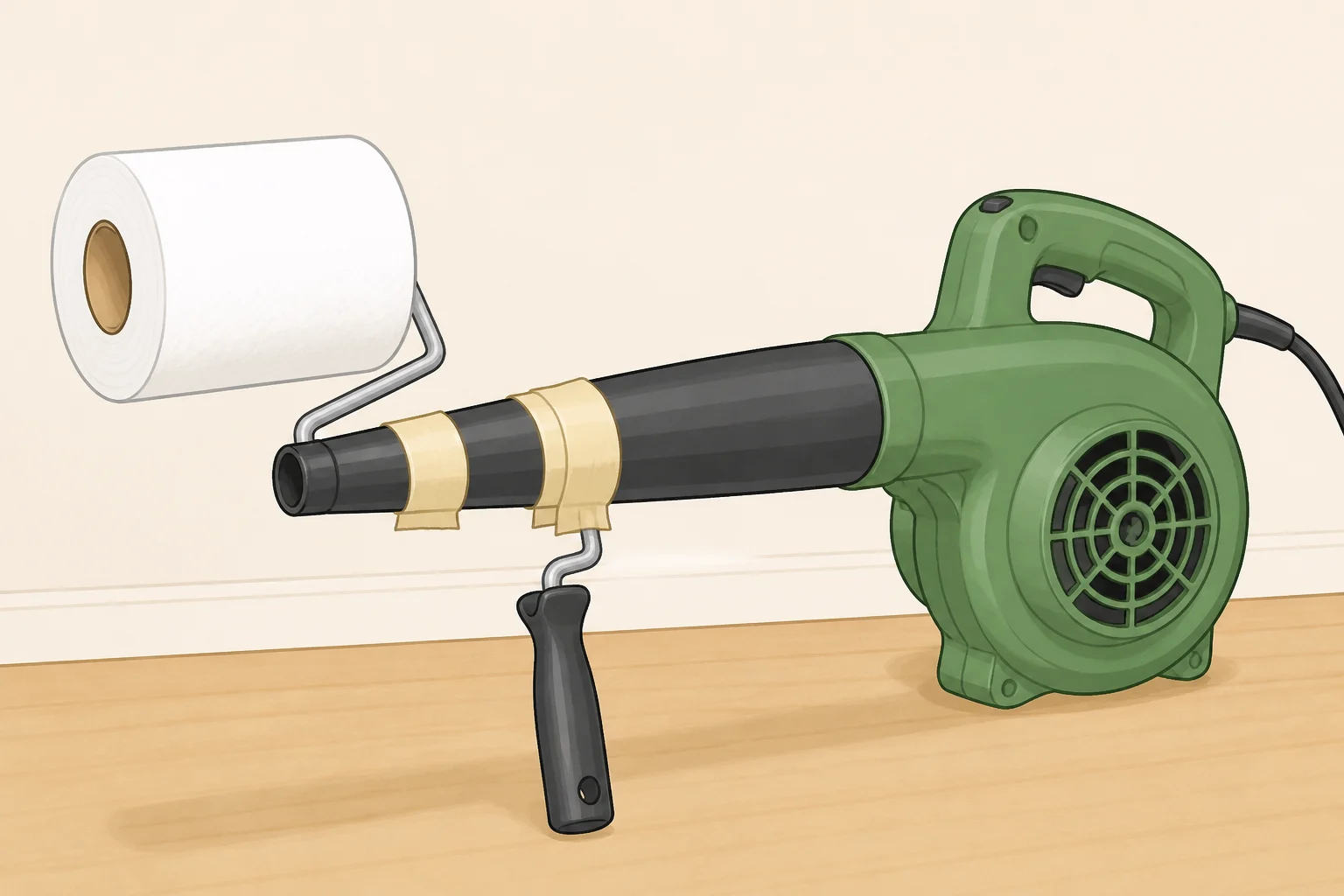 Step illustration of a toilet paper roll mounted on a mini paint roller and taped to a leaf blower nozzle, positioned 3 to 4 inches from the nozzle tip and centered in the airflow