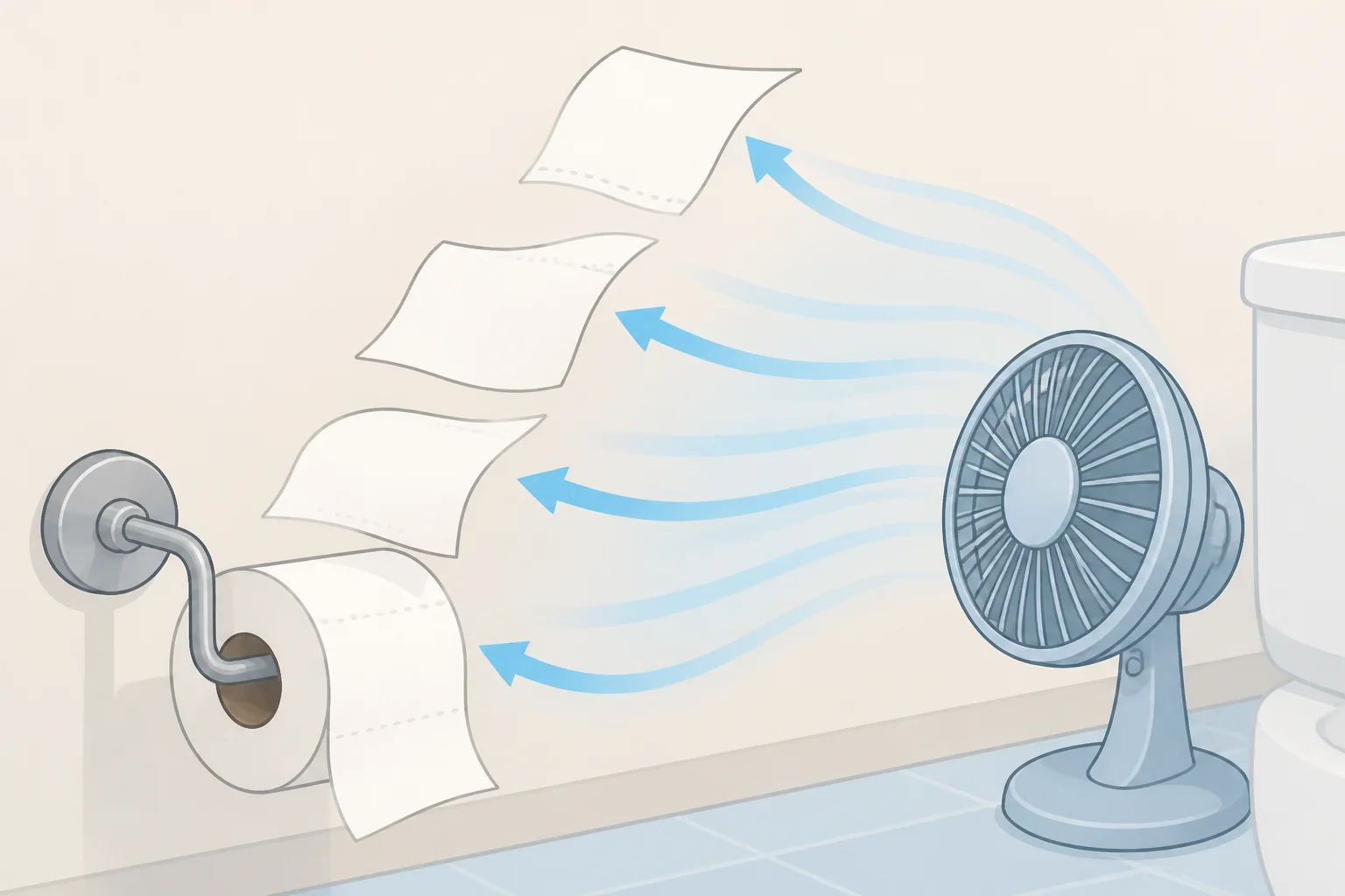 Diagram of how leaf blower airflow catches the leading sheets of a toilet paper roll and pulls them upward into the airstream to create a cannon-like spray