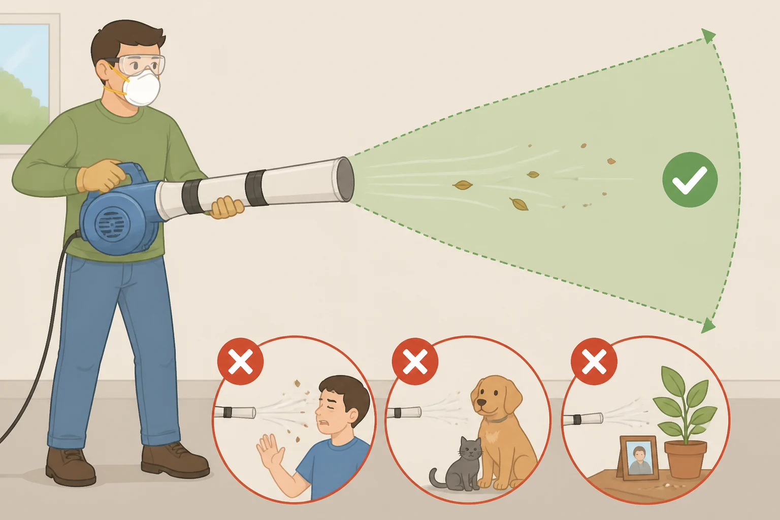 Safety illustration of a person wearing goggles and a dust mask while keeping a modified leaf blower aimed away from people, pets, vehicles, open flame, and non-owned property