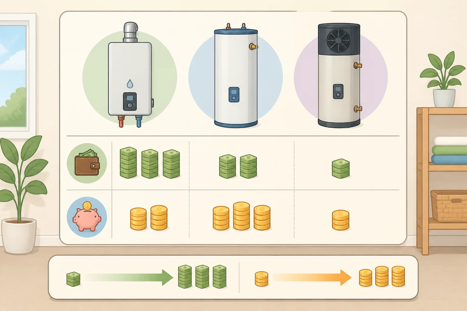 Illustration of a comparison chart showing installed price ranges and estimated annual fuel costs for tankless versus standard electric storage, gas storage, and heat-pump water heaters