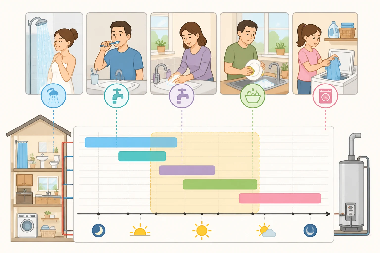 Illustration of a homeowner’s peak-use snapshot showing one shower running while the dishwasher runs, and two showers plus laundry to estimate simultaneous hot-water demand