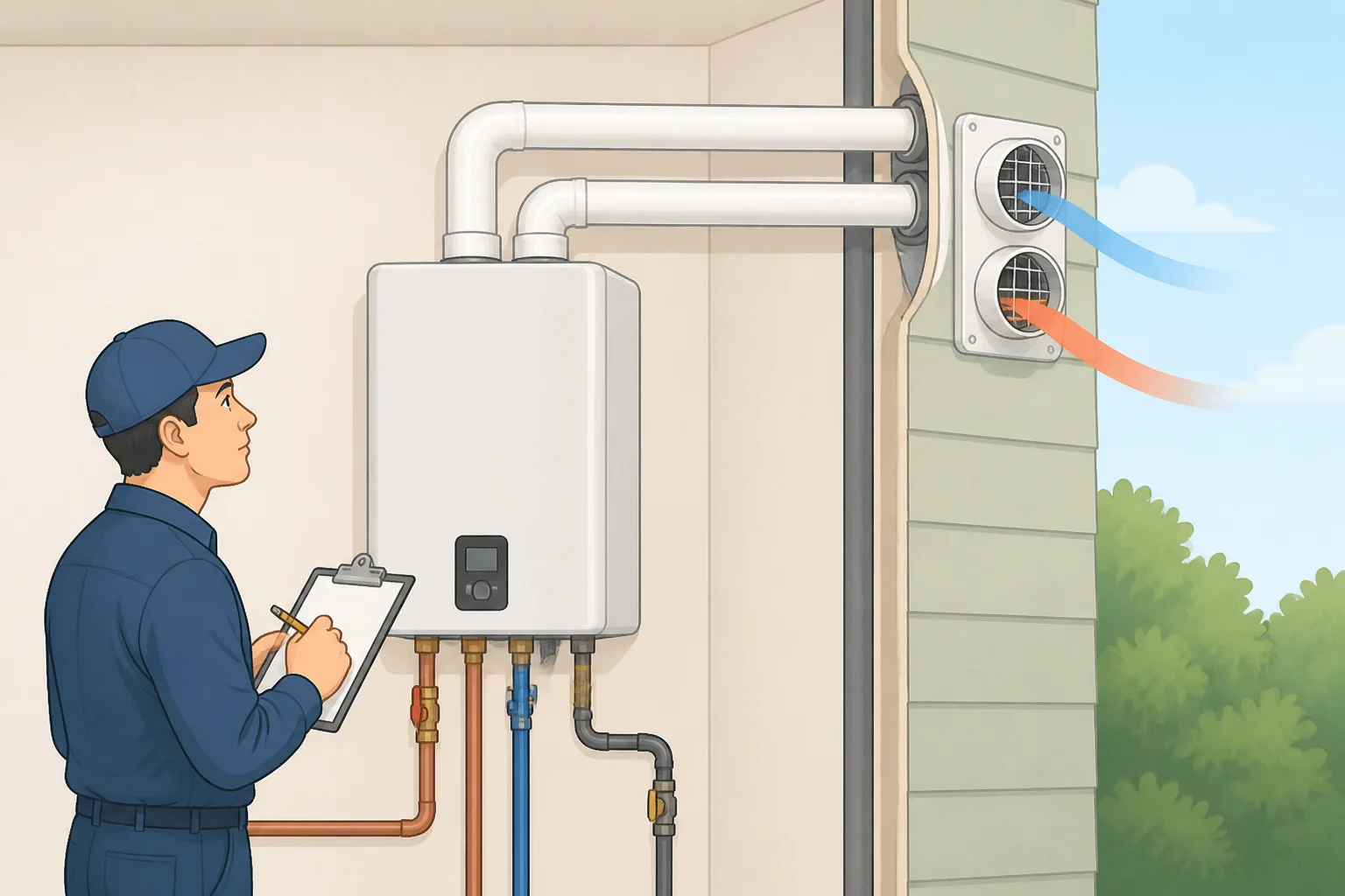 Illustration of a gas tankless water heater with sealed combustion and power vent routing to the exterior, plus nearby carbon monoxide alarm placement
