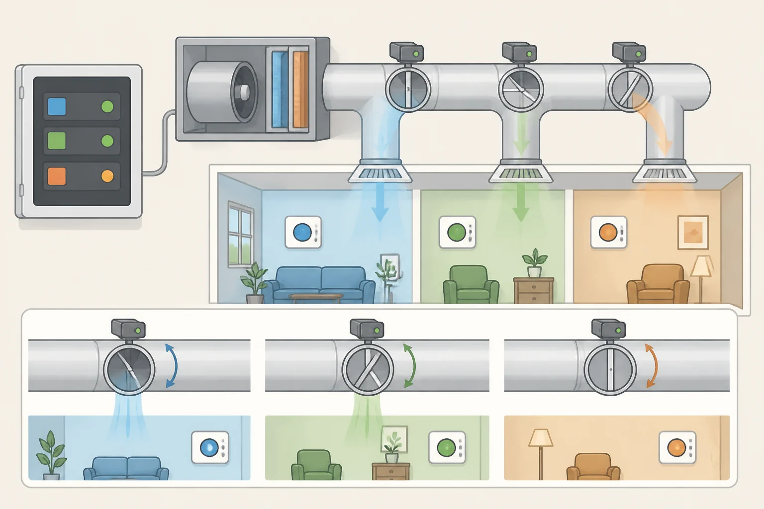 Illustration of a zoned HVAC system where upstairs and downstairs thermostats signal a control panel that opens or closes duct dampers, helping readers decide whether upstairs thermostat should be higher or lower in winter