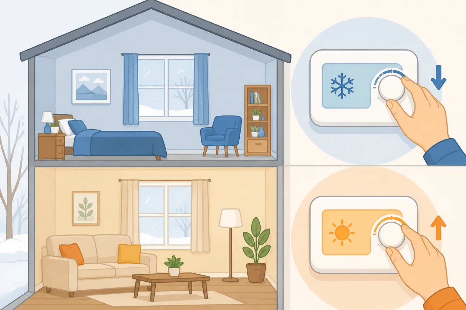 Illustration of two winter thermostat displays side by side, with the downstairs set to a comfortable baseline and the upstairs set 1–2 degrees lower