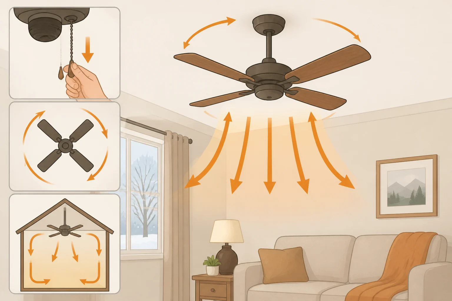 Illustration of a ceiling fan reversed for winter with blades rotating clockwise at low speed to create an updraft that pushes warm air down
