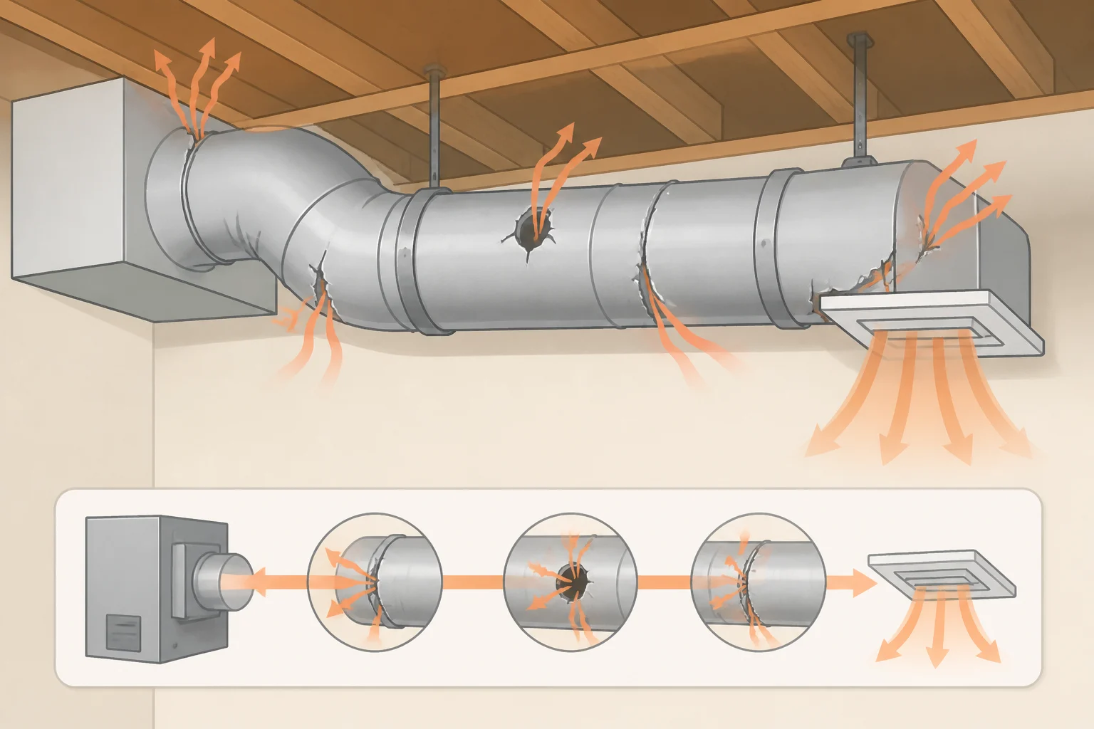 Illustration of an HVAC duct run with visible leaks at joints and holes, showing heated air lost before reaching upstairs or downstairs rooms