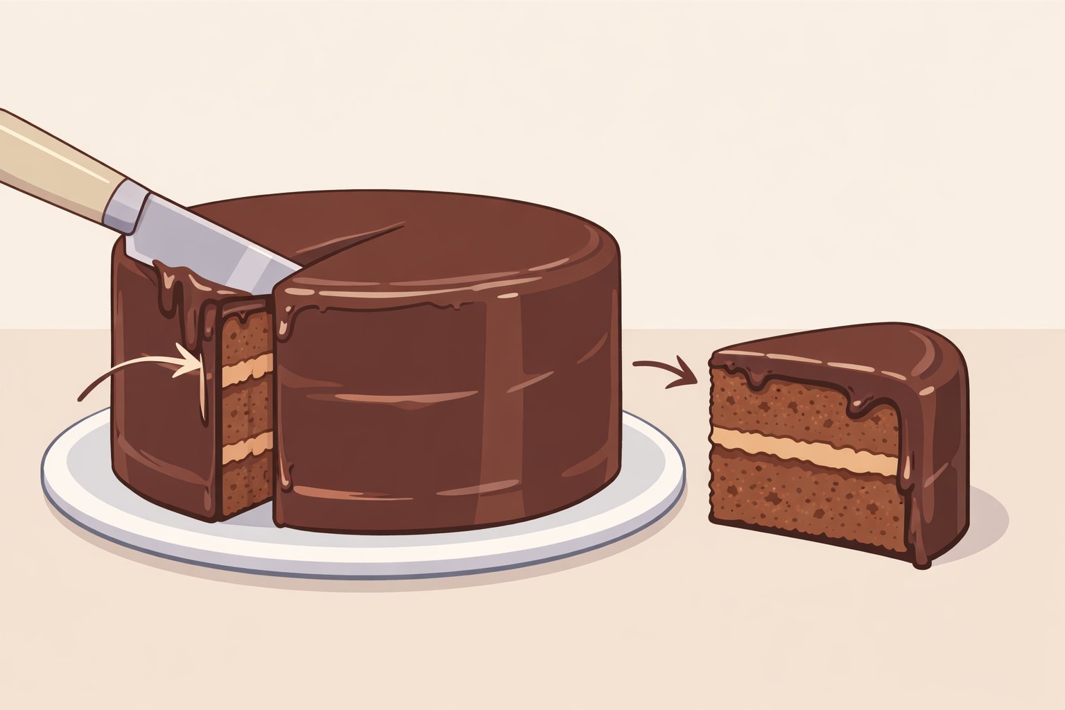 Sliced birthday cake showing fudge frosting pulling slightly from the knife with a clean edge, glossy surface, and soft resistance instead of crumbling or dripping