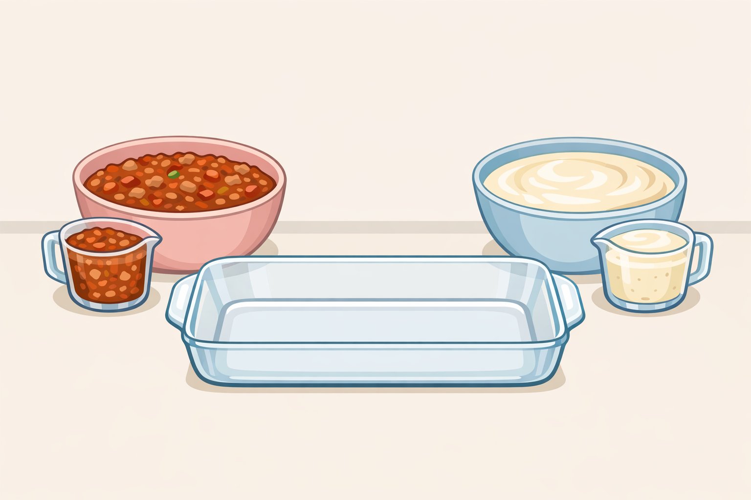 A mise en place layout with a 13x9-inch baking dish, a pot of reduced ragù, and a saucepan of smooth béchamel staged for assembling the best lasagna without ricotta