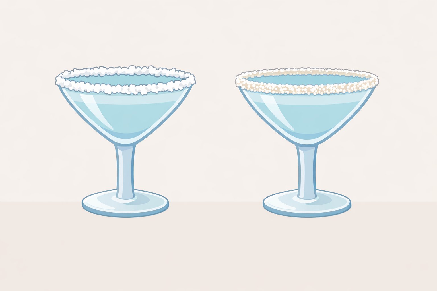 Comparison photo showing a plain coarse-salt rim versus an equal salt-and-sugar rim on a glass lip for a Salty Dog cocktail recipe