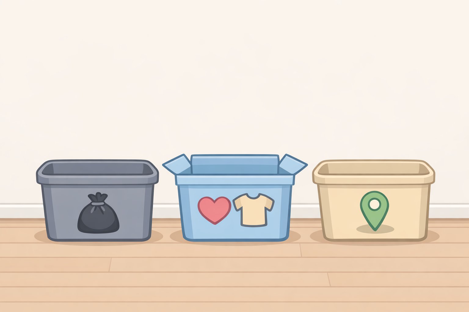 Illustration of three containers labeled trash, donations, and belongs elsewhere, ready for the ski slope decluttering method session