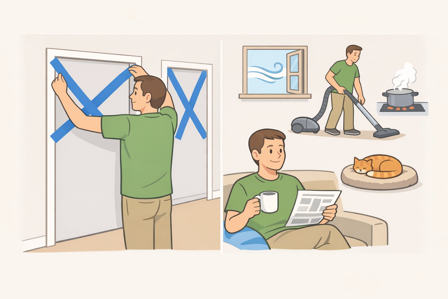 Illustration of painter's tape marking entrances to rarely used rooms to test how much space is actually needed before moving