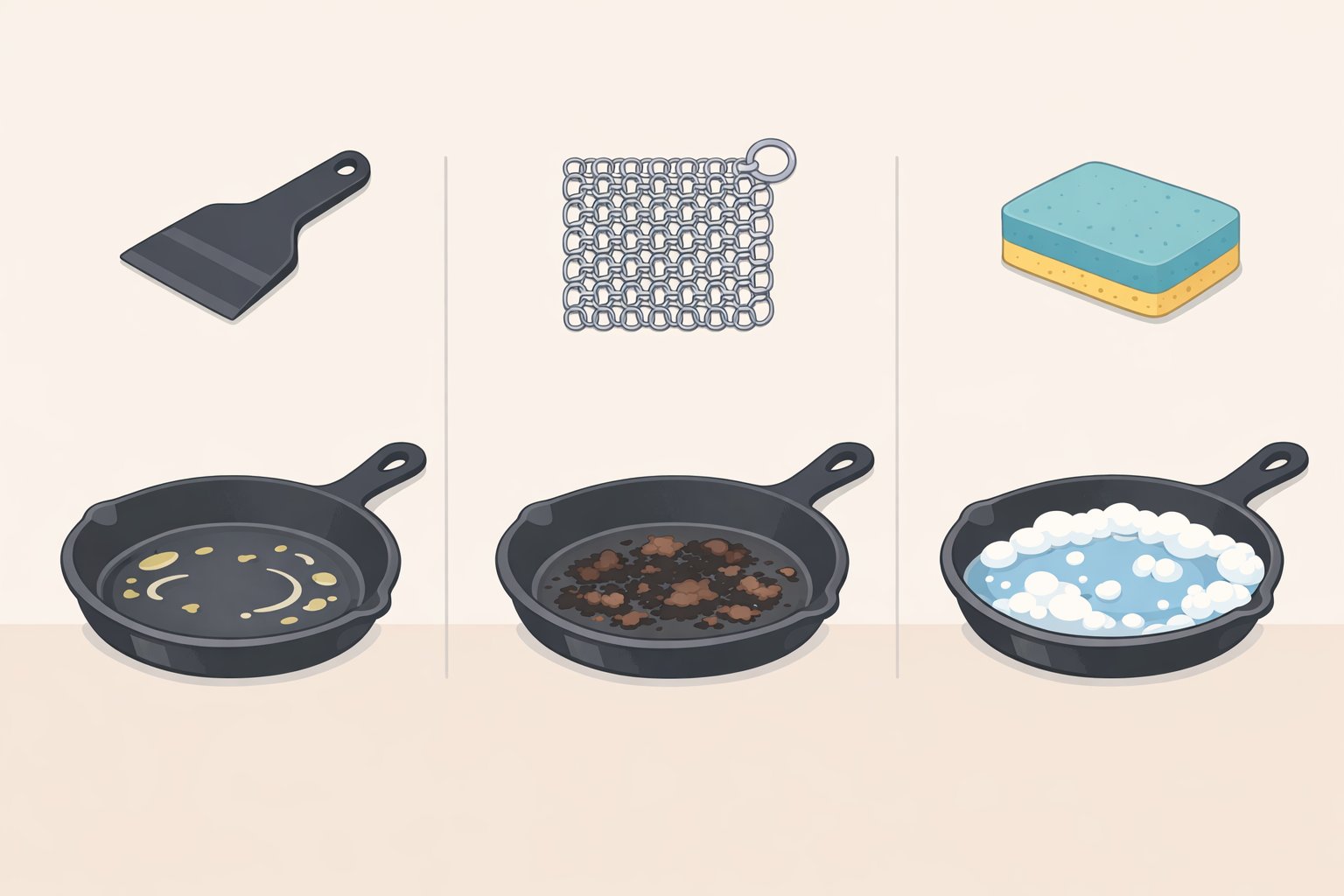 Illustration comparing a plastic pan scraper, chain mail scrubber, and a sponge for cleaning cast iron without ruining seasoning depending on whether residue is light, stuck-on, or truly baked-on