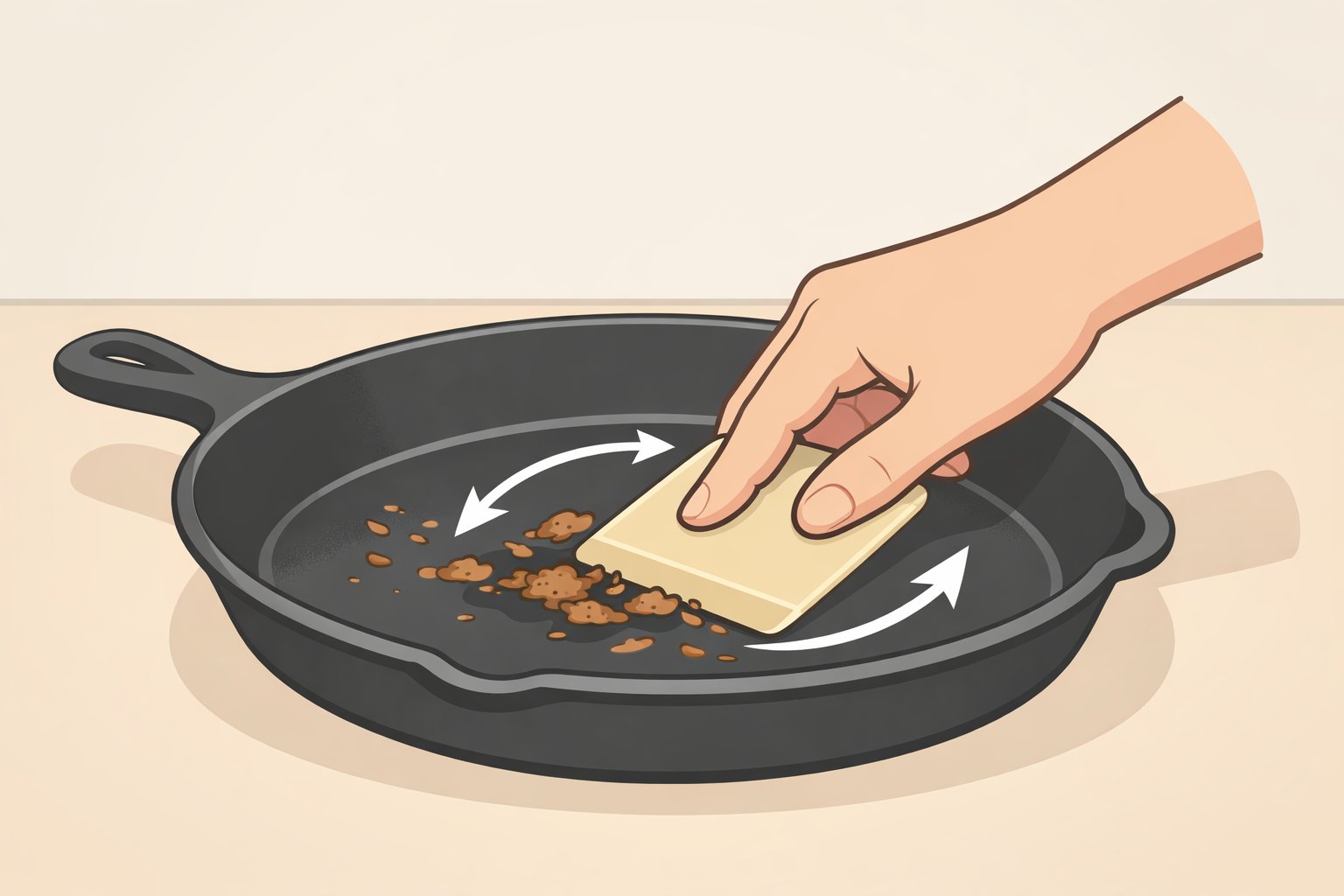 Illustration of a person scraping a warm cast iron skillet with a plastic pan scraper at a low angle to lift stuck food without gouging the seasoned surface