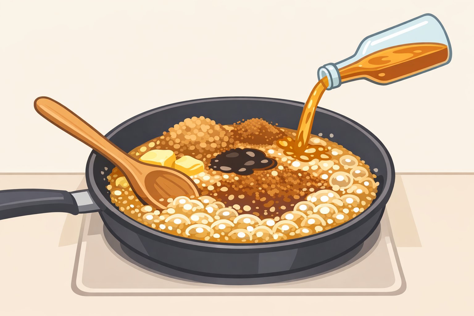 Deep skillet simmering Bananas Foster sauce where caramelizing sugar and rum mixture is thickened, then sliced bananas are folded in for about one minute