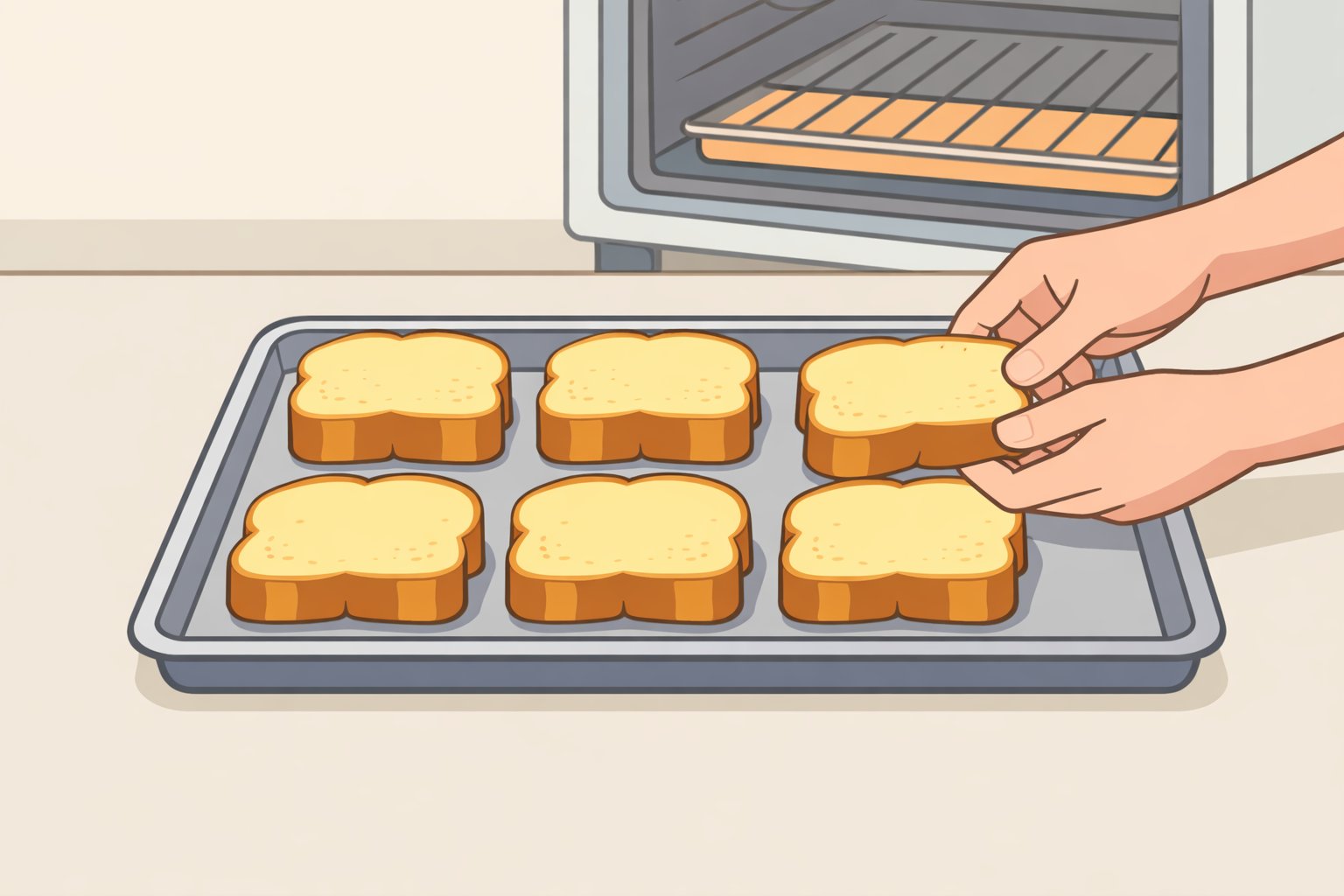 Baking sheet of 1-inch slices of challah or brioche dried in the oven until the surface feels dry but not browned before soaking