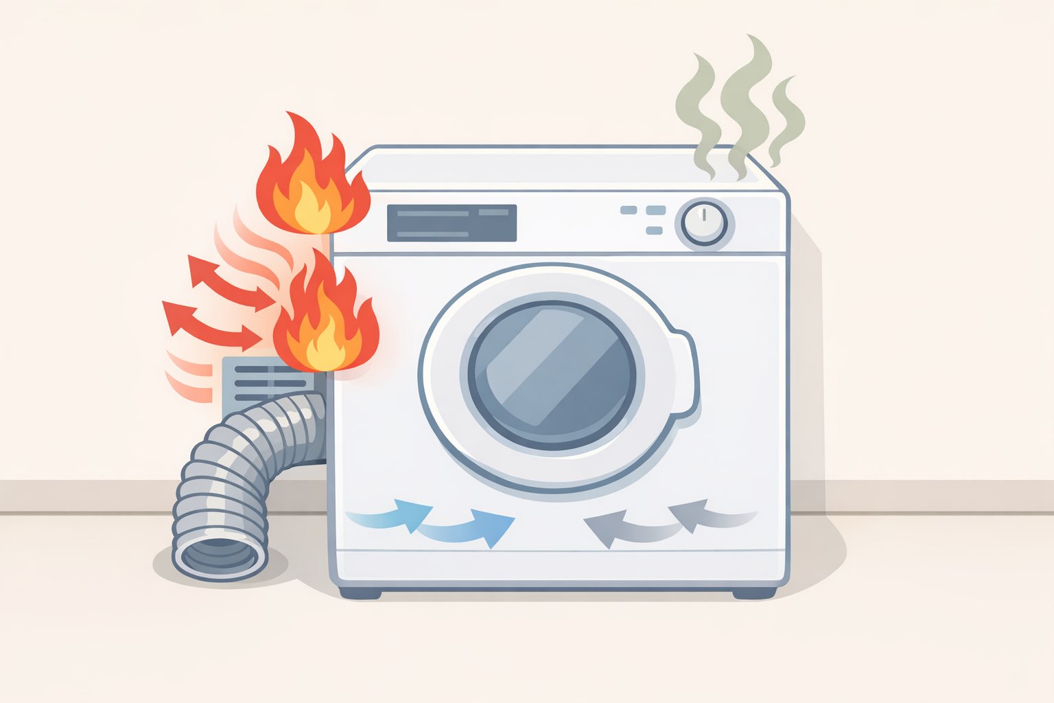 Illustration of a dryer exterior with warning indicators showing unusual heat and faint burnt odor consistent with clogged dryer vent cleaning issues