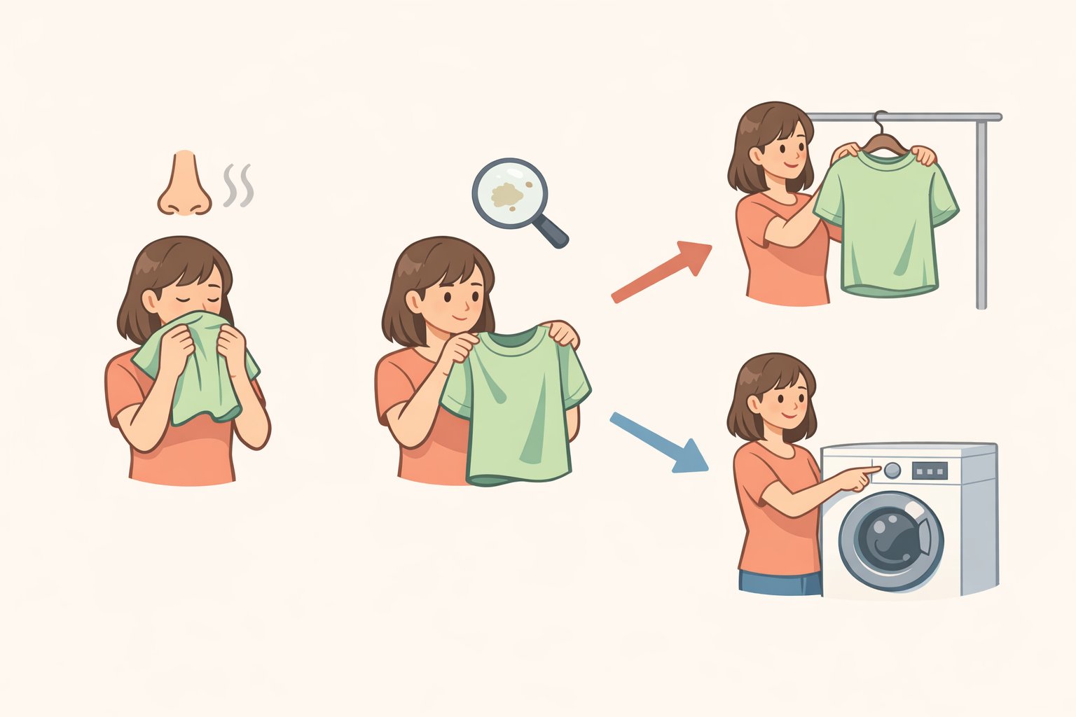 An infographic of the ten-second pre-wash routine: smell the item, look for stains, think about how it was worn, then hang it up if no flags appear
