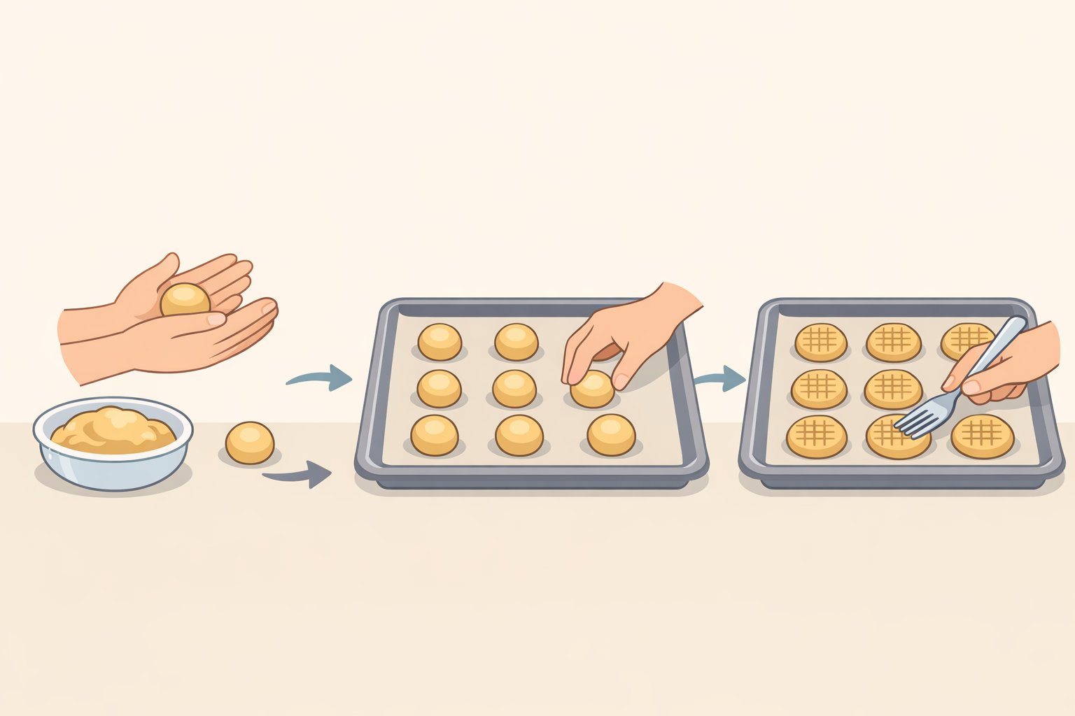Baking sheet scene of peanut butter cookie dough balls flattened with a fork to create the classic crosshatch pattern, spaced out on parchment