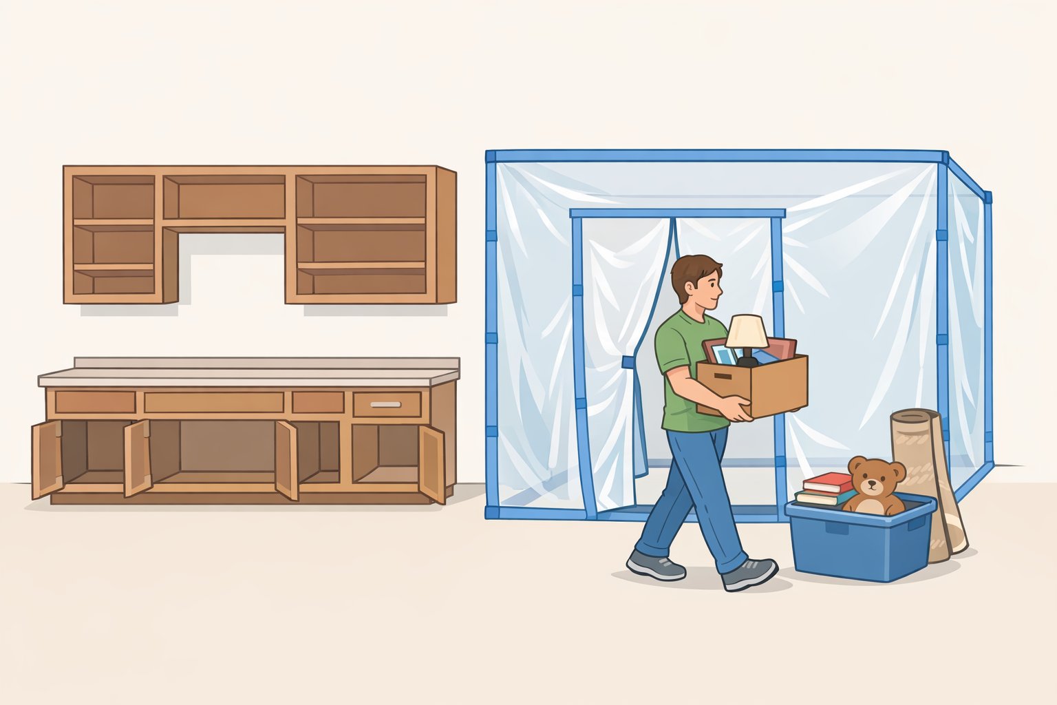 A homeowner fully clearing cabinets, drawers, and shelves from the active work zone before a renovation, following what to remove before a home renovation guidance