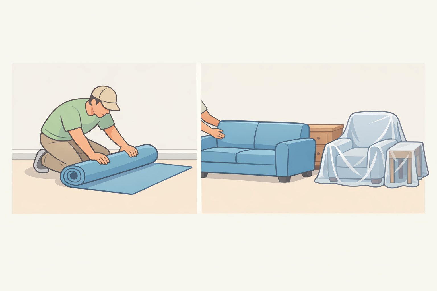 Illustration of an area rug being rolled up and upholstered furniture moved or covered in sealed plastic to prevent gypsum drywall dust from spreading into adjacent rooms