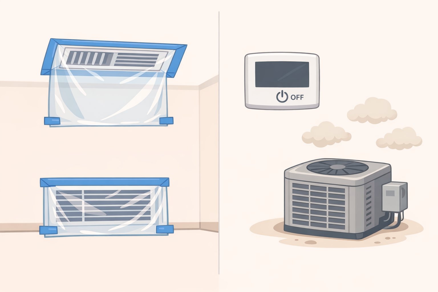 Illustration of HVAC supply and return registers covered and sealed before demolition and drywall cutting, showing a plastic zipper barrier limiting dust movement