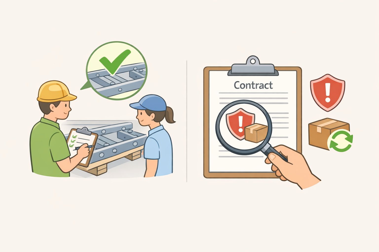 Pre-shipment photo/video trial assembly check and contract clause review to document quality verification and defect replacement terms before cross-border shipping