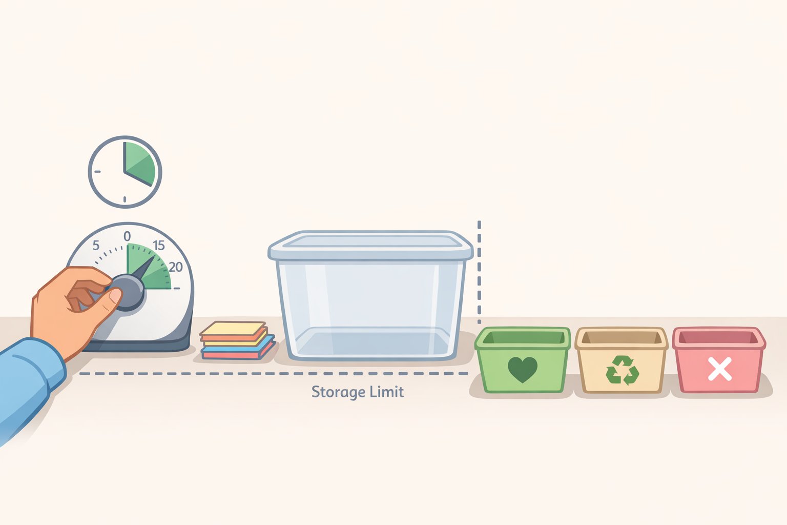 Illustration of how to declutter sentimental items setup: a timer labeled 15–20 minutes, a written total storage limit (one shelf/two boxes), and separate bins ready for easier categories first