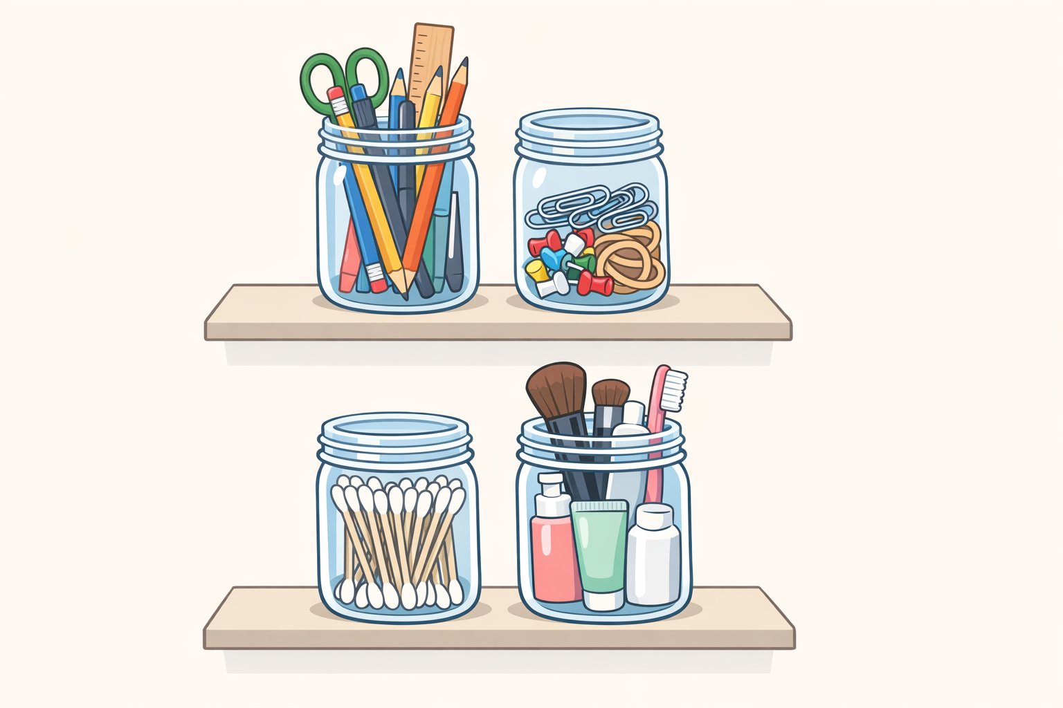 Illustration of wide-mouth 32 oz mason jars used as a desk supply organizer and bathroom counter organizer, showing pens and cotton items neatly contained