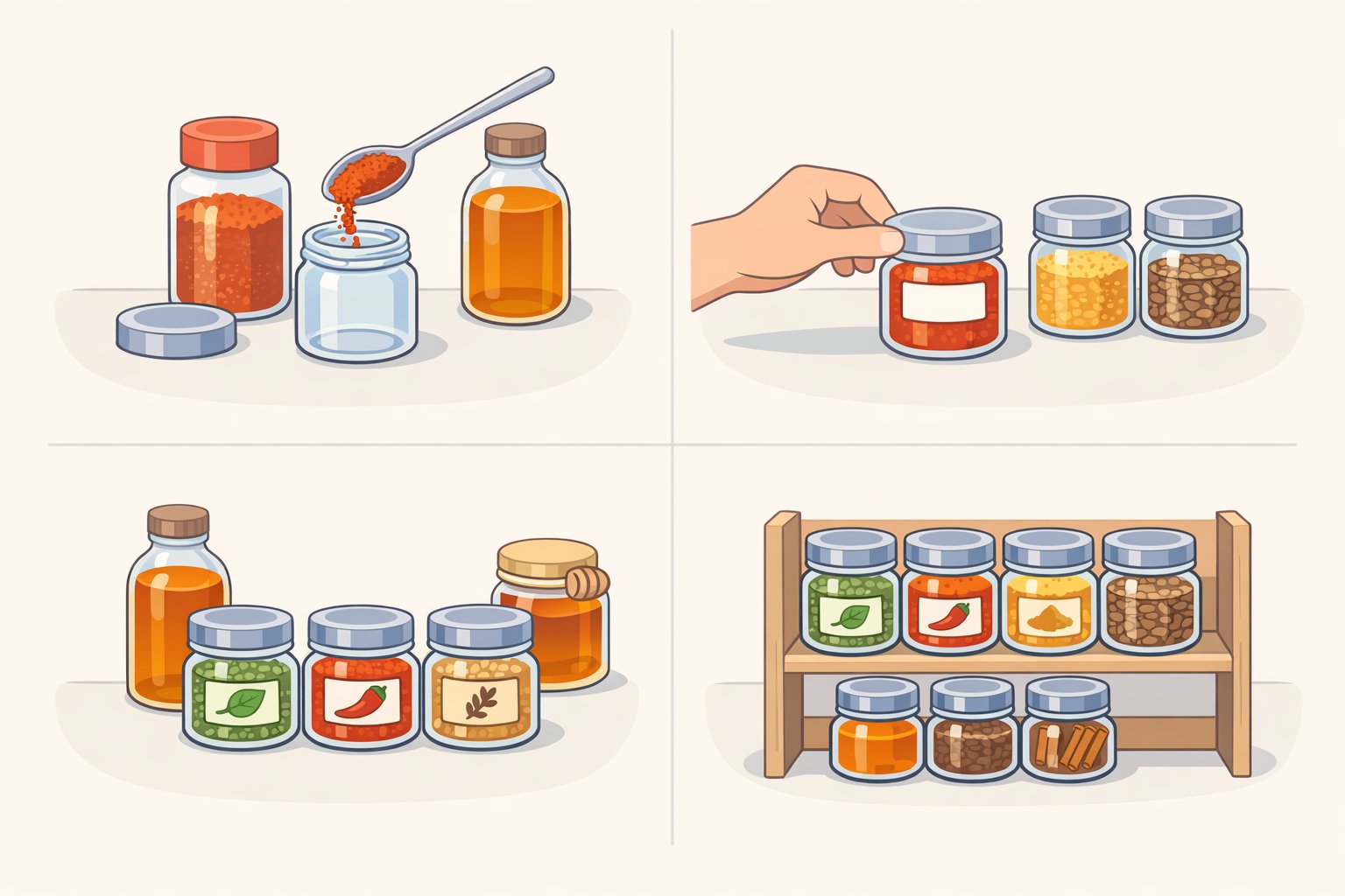 Photo-style scene of small 4–8 oz mason jars holding labeled spices and amber-glass jars protecting light-sensitive ingredients, illustrating ways to reuse old mason jars for pantry organization