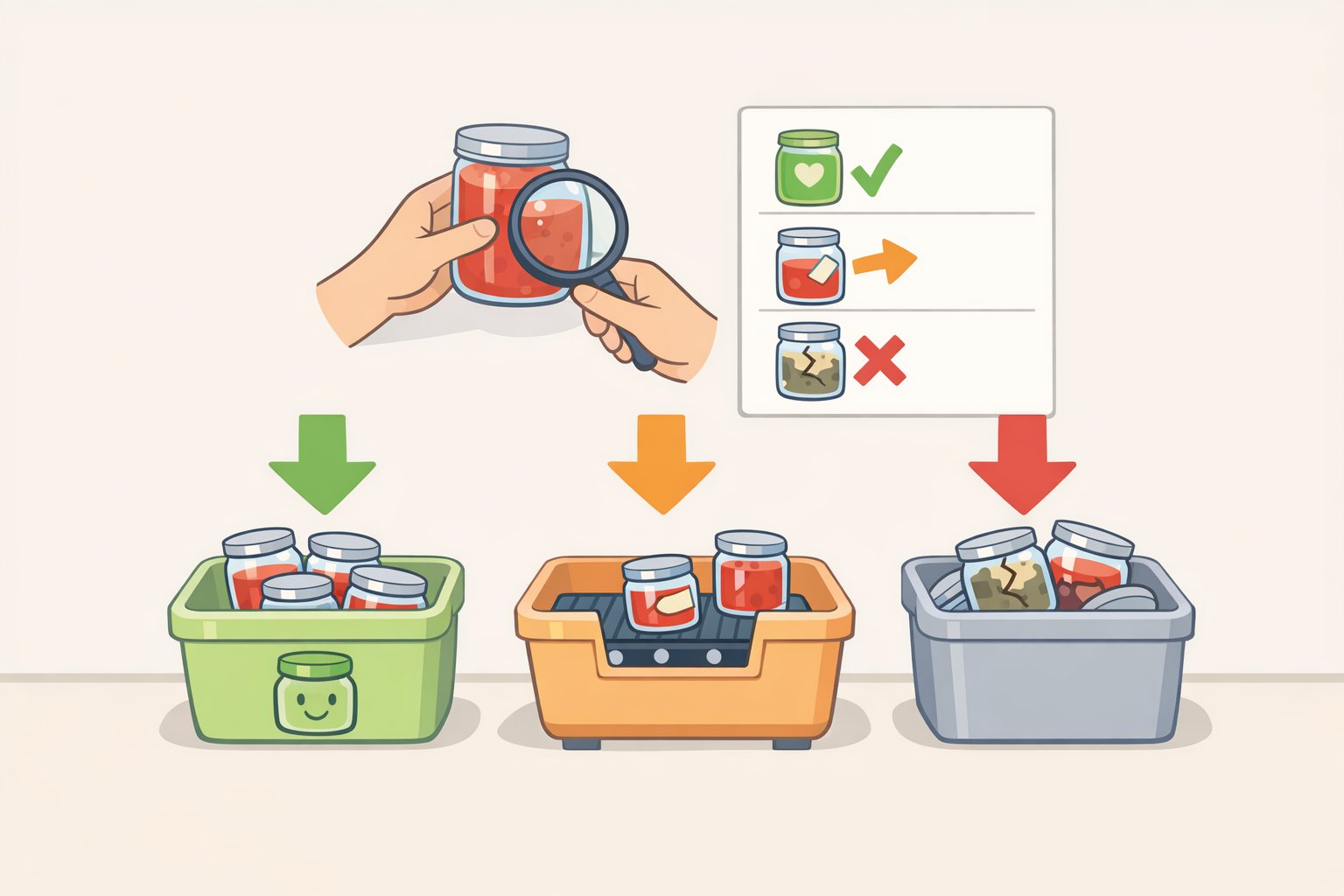 Checklist-style image showing how to inspect old mason jars for cracks, rim nicks, and 'not for canning' labels, then decide to keep for food use or redirect to decor or discard