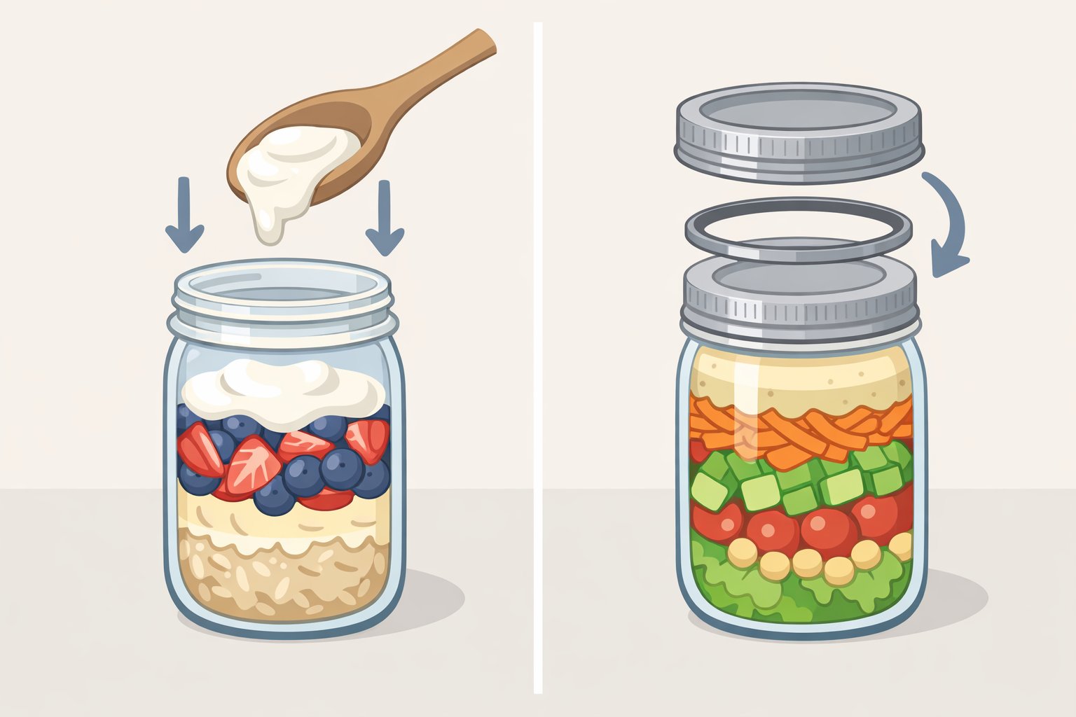 Illustration of a wide-mouth 16 oz mason jar packed with layered overnight oats or salad and topped with a lid for a grab-and-go lunch