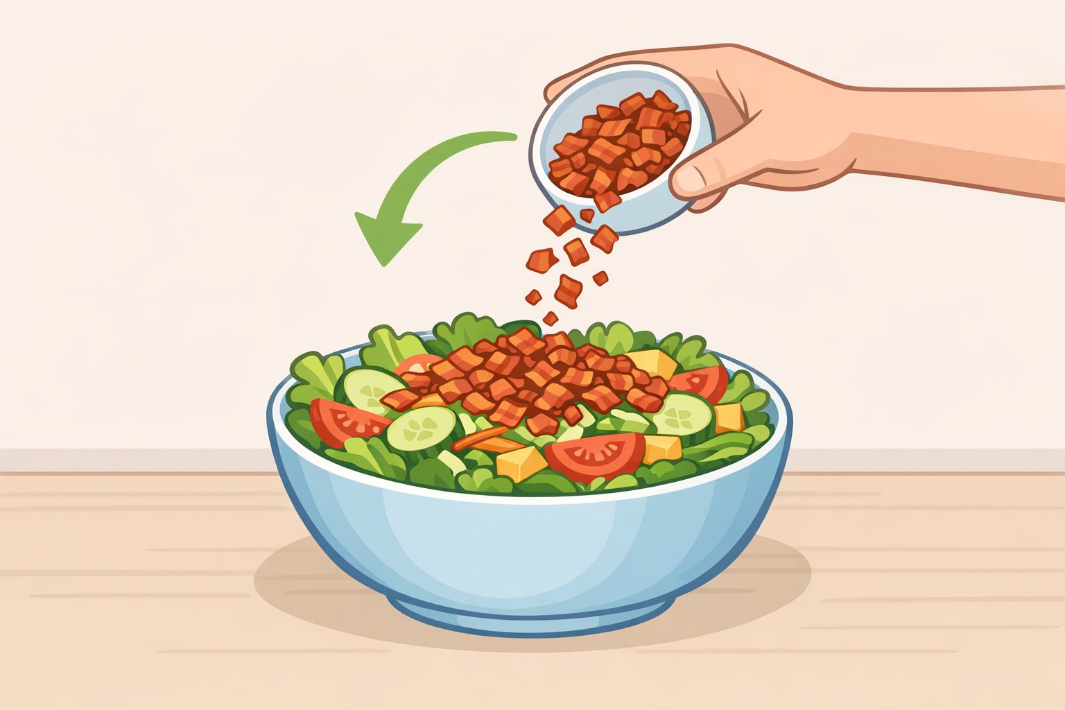 Chef adding crispy bacon over a refrigerated jalapeño cheddar broccoli salad right before serving, keeping the bacon from softening in the dressing