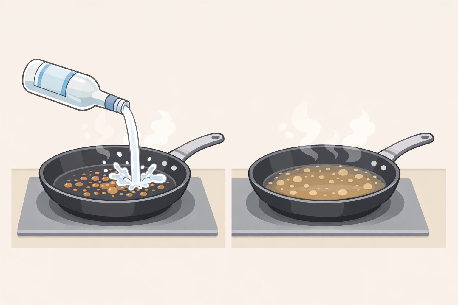Illustration of tomato paste and aromatics being deglazed with vodka in a skillet, showing the reduced liquid and steam as the alcohol sharpness cooks off