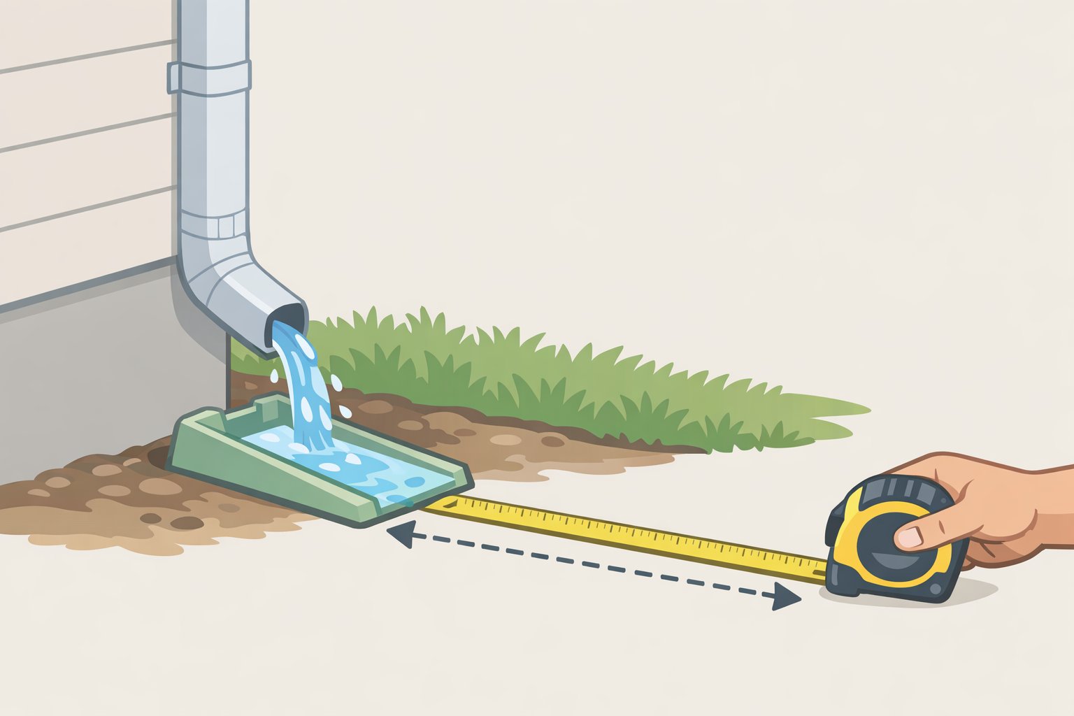 Illustration of a downspout discharging 2–3 feet from the foundation with water flow directed away using a splash block to prevent pooling