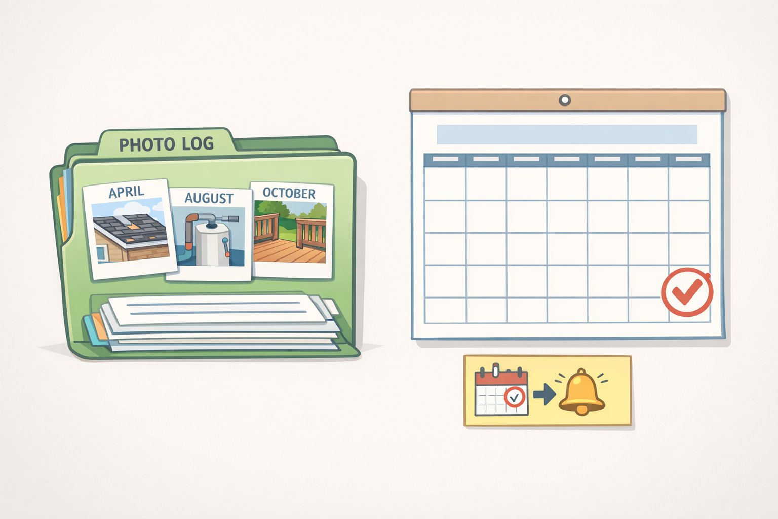 Illustration of a homeowner's yearly binder and calendar used for an annual roof maintenance checklist, showing labeled corner photos and scheduled fall gutter checks